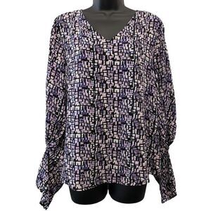 DKNY Chiffon Blouse Top Women's SMALL Purple Black White Blue‎ Bell-Sleeve NEW